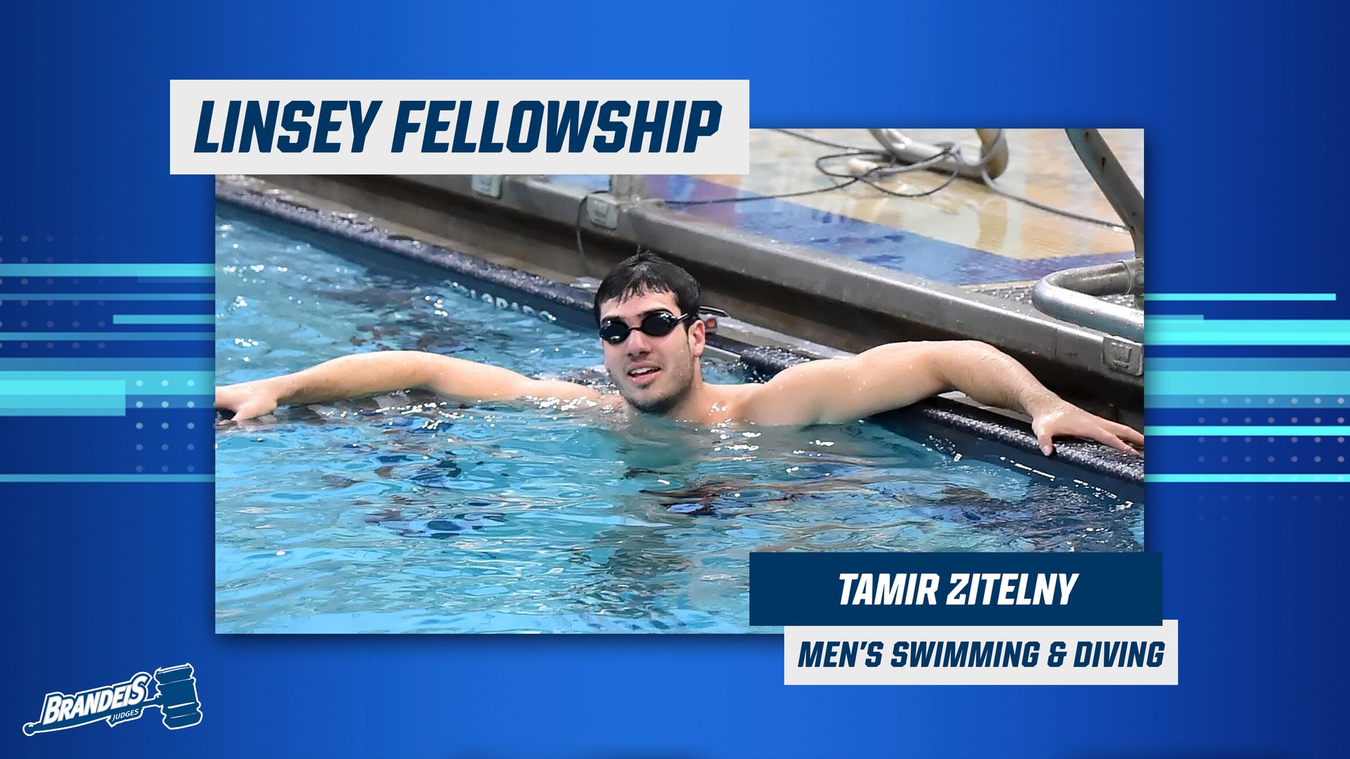 Linsey Fellowship Award Winner Tamir Zitelny at the end of a race holding on to the side of the pool