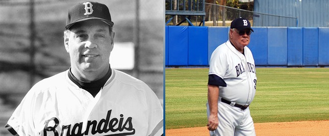 Coach Varney from the 1990s (Brandeis Archives) and in 2013 (Robert Shaw)