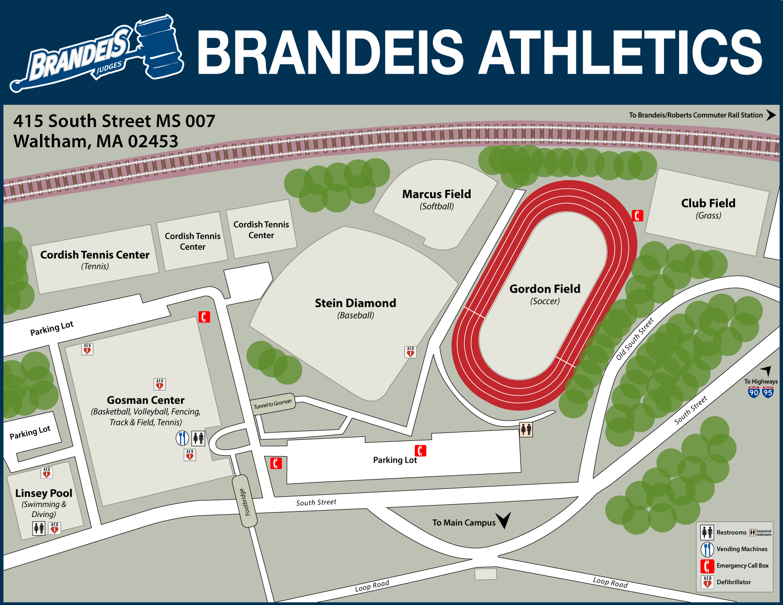 Map of Brandeis Athletics facilities:Gosman Center, Stein Diamond, Gordon Field, Rieger Tennis Courts, Marcus Field, Linsey Pool and parking located on the south side of 415 South Street (Brandeis Main Campus), Waltham MA 02453