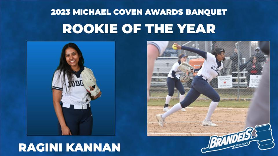 2023 Michael Coven Awards Banquet, Rookie of the Year, Ragini KannanIMAGES: Left: Ragini Kannan smiling holding her softball and smiling in uniform: RIGHT: Ragini Kannan getting ready to release a pitch in softball