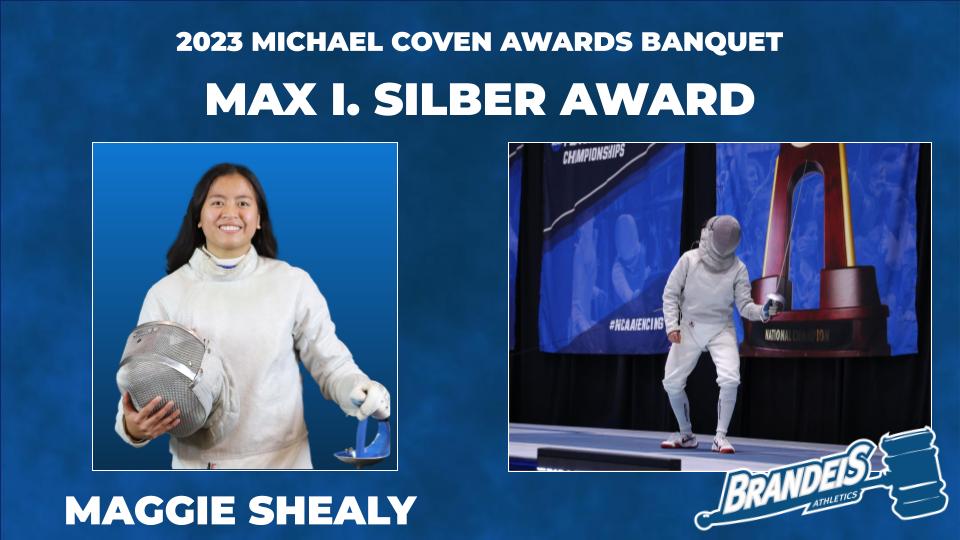 TEXT: 2023 Michel Coven Awards Banquet, Max I Silber Award, Maggie ShealyIMAGES: LEFT: Maggie Shealy posing for the camera before starting her competition at the NCAA Championships. RIGHT: Maggie getting ready to fence in front of a trophy
