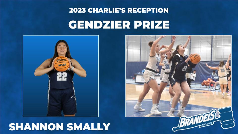 TEXT: 2023 Charlie's Reception, Genzdier Prize, Shannon Smally IMAGES: LEFT: Shannon Smally posing with a basketball in her hands; RIGHT, Shannon going up for a lay-up with two defenders on her back