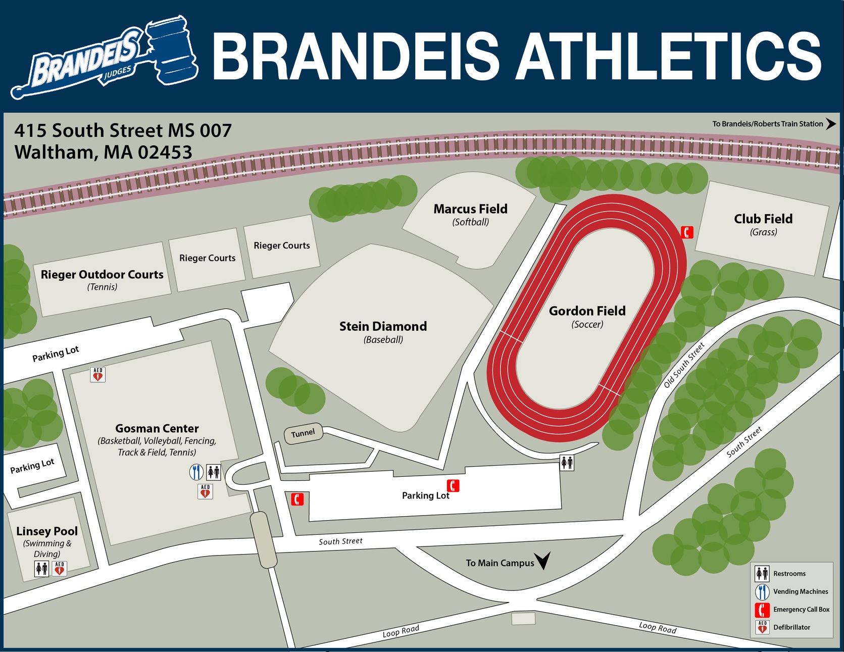 Map of Brandeis Athletics facilities:Gosman Center, Stein Diamond, Gordon Field, Stein Diamond, Rieger Tennis Courts, Linsey Pool, Marcus Field and parking located on the south side of 415 South Street (Brandeis Main Campus), Waltham MA 02453