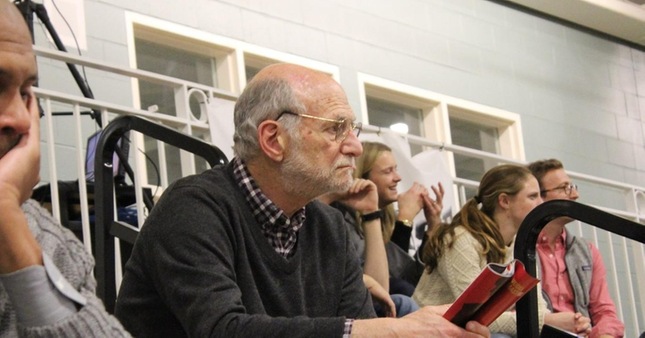 Professor Michael Rosbash focuses intently on the Judges' basketball fortunes (photo by Andrew Vatistas)